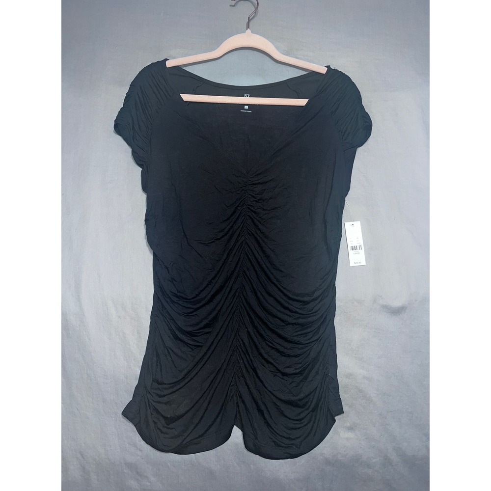 New York & Company Black Ruched V-Neck Cap Sleeve Top Blouse NWT Large